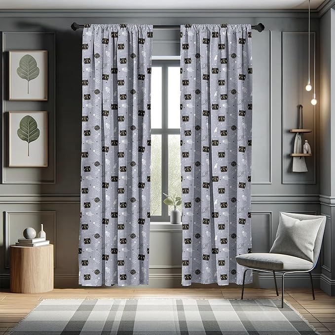 Ambesonne Outer Space Window Curtains, Astronaut Cats Exploring The Universe on Dotted Background, Lightweight Decor 2-Panel Set with Rod Pocket, Pair of - 28" x 95", Purple Grey