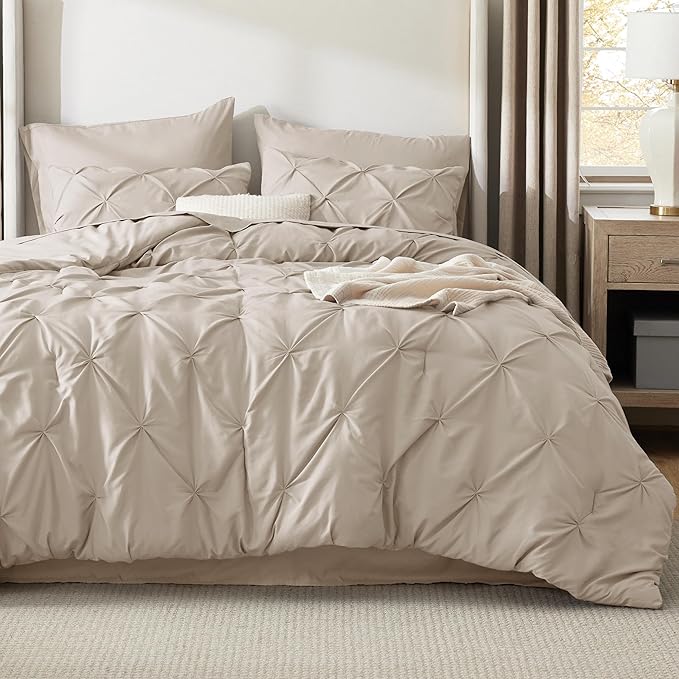 Bedsure Queen Comforter Set Beige - Bed in a Bag Queen Size Bedding 7 Pieces, GentleSoft™ Pintuck Bed Set Gift for Family, Pinch Pleat All Season Comforter with Sheets, Pillowcases & Shams
