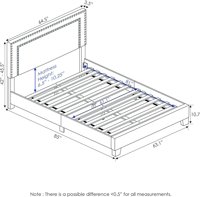 Furinno Laval Double Row Nail Head Upholstered Platform Bed Frame, Queen, Stone