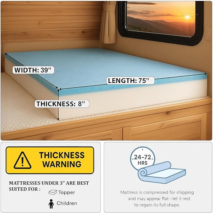 Foamma 8” x 39” x 75” Camper/RV Travel Gel Memory Foam Bunk Foam Mattress Replacement, Made in USA, Comfortable, Travel Trailer, CertiPUR-US Certified, Cover Not Included