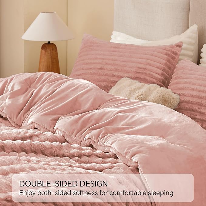 BEDELITE Fleece Queen Comforter Set -Super Soft & Warm Fluffy Dusty Pink Bedding, Luxury Fuzzy Heavy Bed Set for Winter with 2 Pillow Cases
