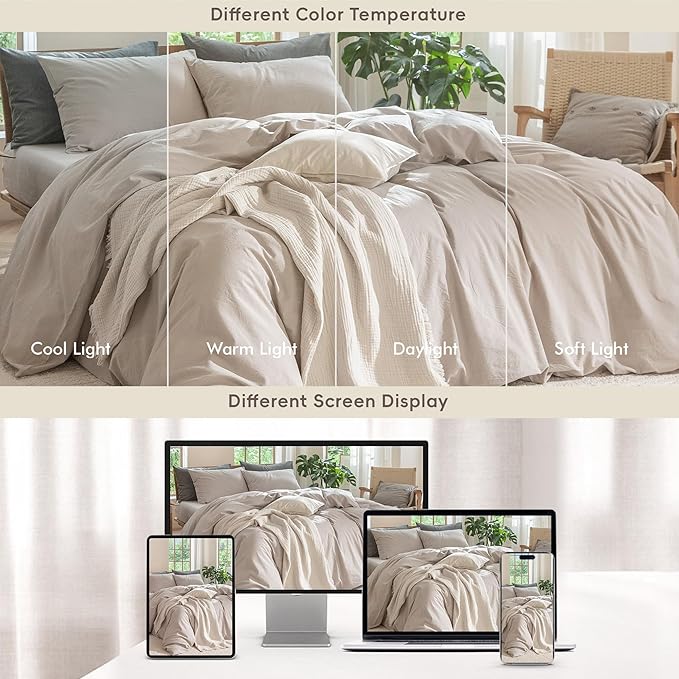 MooMee Bedding Duvet Cover Set 100% Washed Cotton Linen Like Textured Breathable Durable Soft Comfy (Solid Light Tan, Oversized Queen 98"x98")