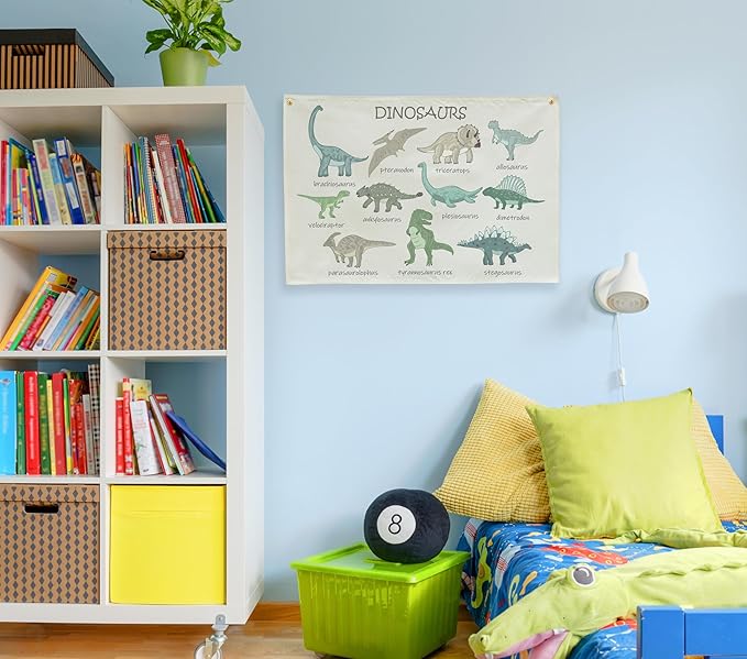 Dinosaurs Themed Rectangular Canvas Banner Flag Wall Sign Art Gift for Nursery Classroom Above Crib Bedroom Playroom Reading Room Wall Decor Baby Shower Kids Teen Birthday Christmas Gift