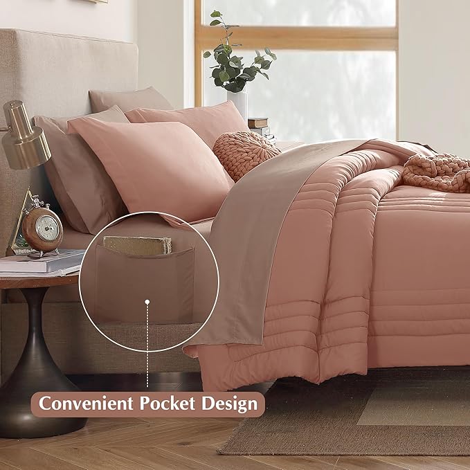 Monbix Full Comforter Set - 7 Pieces Clay Pink Bed in a Bag Full Size Bedding Sets with Comforters, All Seasons Down Alternative Comforter with Sheets,Pillowcases & Shams