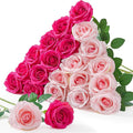 Serwalin 20pcs Artificial Pink & Hot Pink Roses, 4'' Big Flower Head, Fake Velvet Roses, Silk Roses Long Stems Realistic Bouquet for Wedding Parties Table Centerpiece and Home Decor