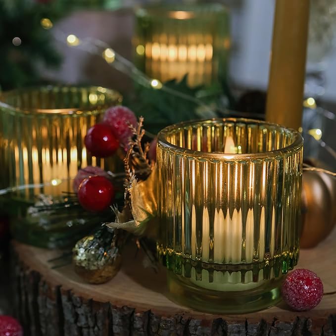 Kate Aspen Vintage Ribbed Glass Candle Holder Decor, Green Votive Candle Holders for Holiday Table Decor, Tealight Candles Holder Glass, Dinning & Christmas Table Decoration Tablescape (Pack of 36)