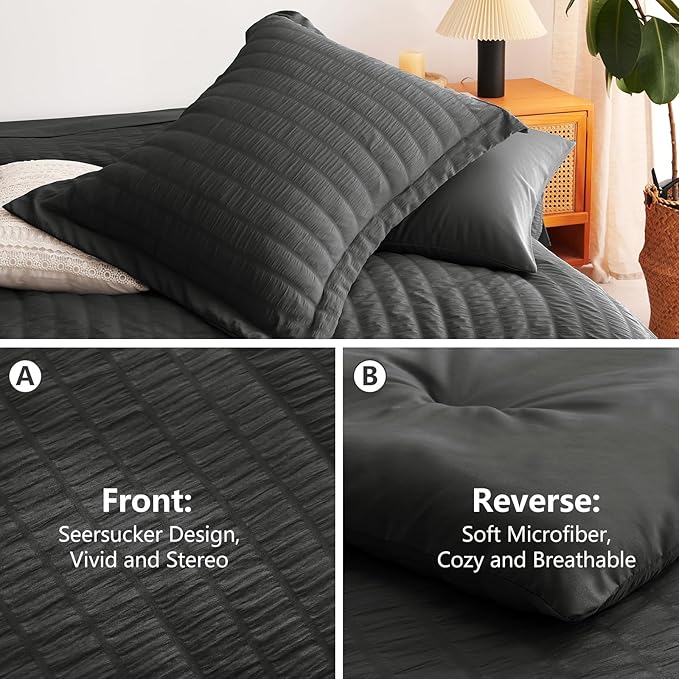 CozyLux Full Size Comforter Sets with Sheets Seersucker 7 Pieces Dark Grey Bed in a Bag Textured Luxury Soft Bedding Set with Down Alternative Comforter, Sheets, Pillowcases & Shams for All Seasons