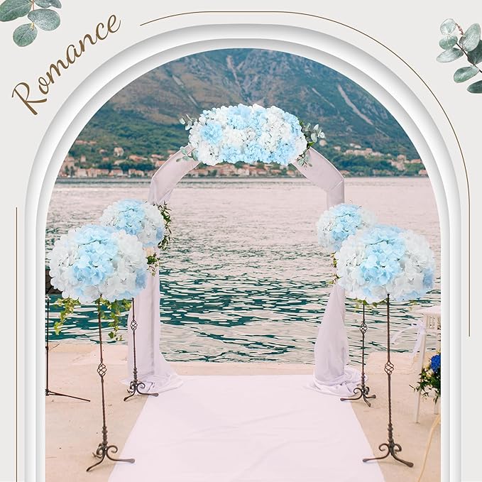 Zeyune 100 Pcs Hydrangea Artificial Flowers, Silk Flower Heads with Stems, Fake Hydrangea Bouquet for Wedding Arch Centerpiece DIY Floral Home Decoration (White and Blue)