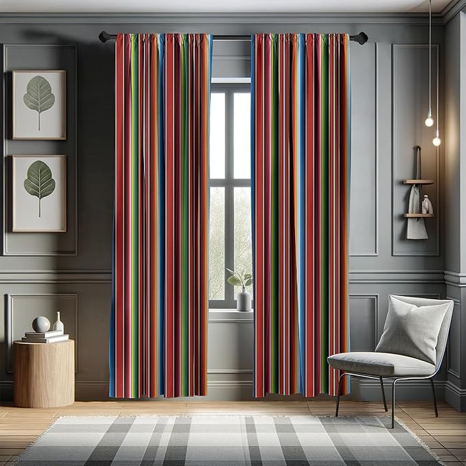 Ambesonne Cinco de Mayo Curtains, Mexican Serape Colorful Stripes Vertical Lines Latino Illustration, Window Treatments 2 Panel Set for Living Room Bedroom Decor, Pair of - 28" x 63", Burgundy Blue