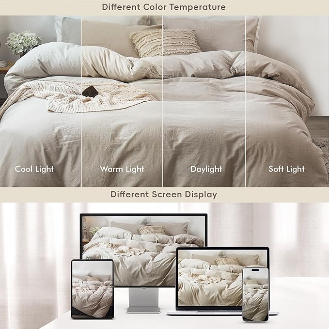 MooMee Bedding Duvet Cover Set 100% Washed Cotton Linen Like Textured Breathable Durable Soft Comfy (Heathered Tannish Linen Grey, Super King Plus 120"x120")