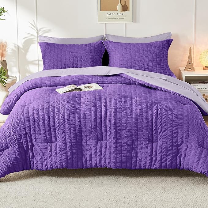 HYMOKEGE Dark Purple/Lavender California King Comforter Set Seersucker 7 Pieces, All Season Luxury Bed in a Bag for Bedroom, Bedding Set with Comforter, Sheets, Pillowcases & Shams