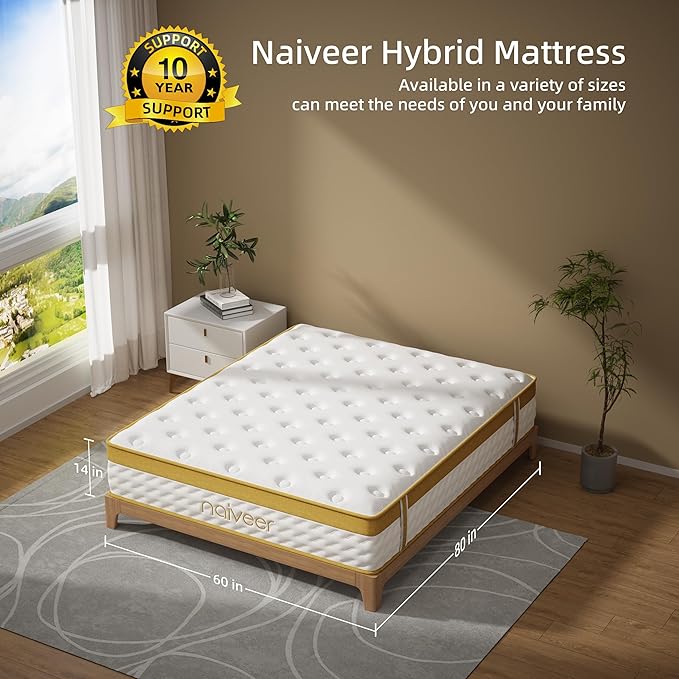 Cooling Gel Queen Mattresses 14 Inch Memory Foam Hybrid Mattress for Back Pain & Pressure Relief, Queen Size Mattress in A Box with Pocket Springs, Medium Firm with CertiPUR-US Certified