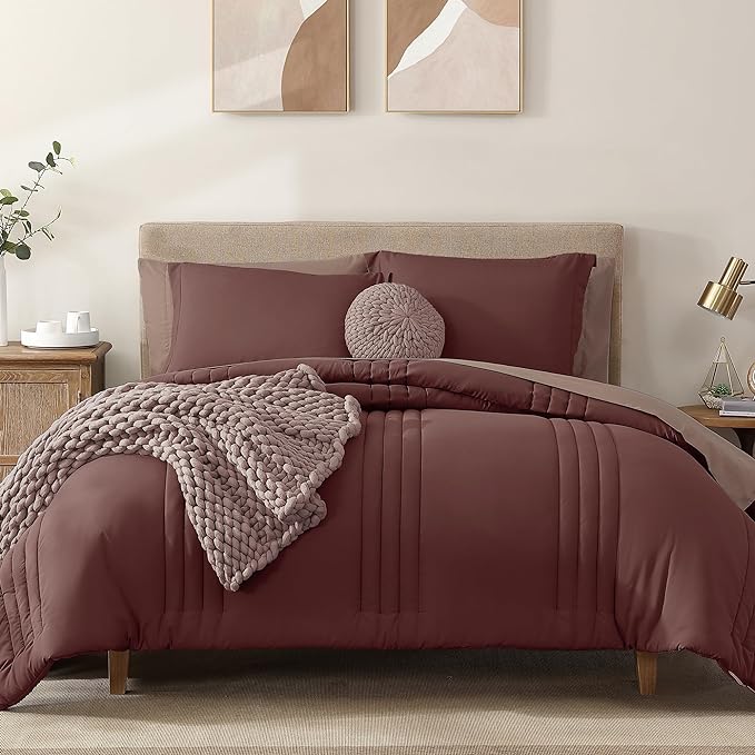 Monbix Queen Comforter Set - 7 Pieces Dark Red Bed in a Bag Queen Bedding Sets with Comforters, All Seasons Down Alternative Comforter Bed Set with Sheets, Pillowcases & Shams