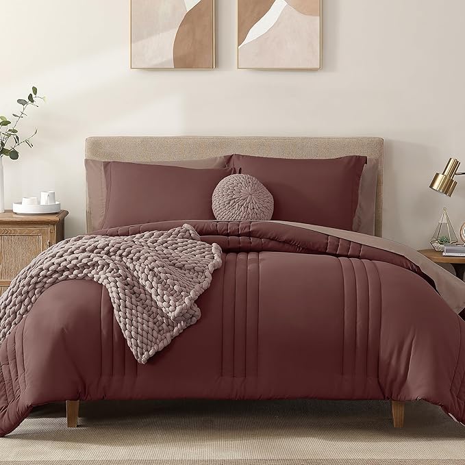 Monbix King Size Comforter Set - 7 Pieces Bed in a Bag King, Dark Red Bedding Sets with Comforter, All Seasons Down Alternative Comforter Bed Set with Sheets, Pillowcases & Shams