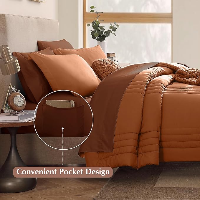 Monbix Queen Comforter Set - 7 Pieces Burnt Orange Bed in a Bag Queen Bedding Sets with Comforters, All Seasons Fall Comforter Bed Set with Sheets,Pillowcases & Shams