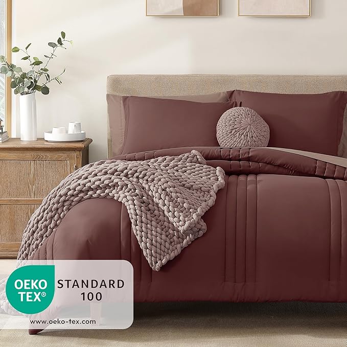 Monbix Queen Comforter Set - 7 Pieces Dark Red Bed in a Bag Queen Bedding Sets with Comforters, All Seasons Down Alternative Comforter Bed Set with Sheets, Pillowcases & Shams