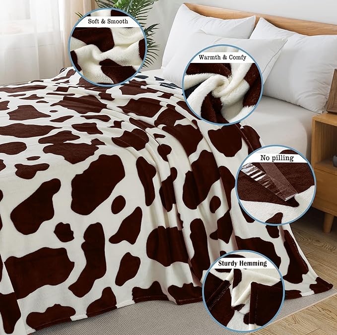 Flannel Cow Print Blanket Twin Size - Premium Lightweight Anti-Static Super Soft Cow Blankets for Twin/Twin XL Extra Long Bed,Winter Warm Cow Print Throw Blanket 66" x 90"(Brown Cow)