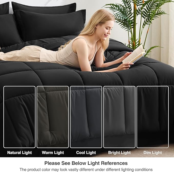 Love's cabin Twin Comforter Set Ash Black, 5 Pieces Twin Bed in a Bag, All Season Bedding Sets with 1 Comforter, 1 Flat Sheet, 1 Fitted Sheet, 1 Pillowcase and 1 Pillow Sham