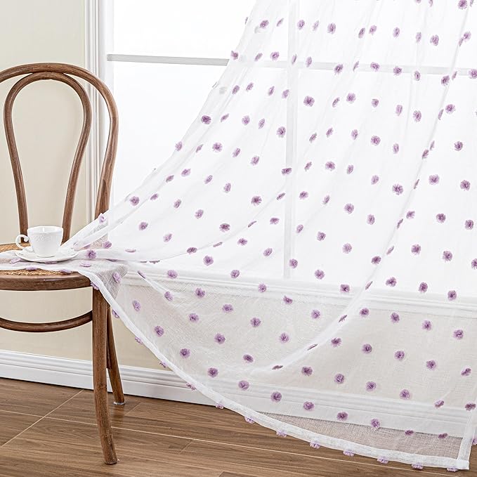 MYSKY HOME 45 Inches Long Kitchen Curtains Small Window Curtains for Bathroom Cafe Bedroom Purple Pom Pom White Semi Sheer Curtains for Nursery Girls Room Rod Pocket 2 Pieces Drapes 52 x 45 inch