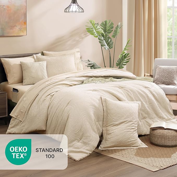 Monbix Queen Comforter Set - 7 Pieces Birch Marble Pattern Bed in a Bag Queen Bedding Sets with Comforter, Sheets, Pillowcases & Shams, Reversible Bedding Comforters Sets