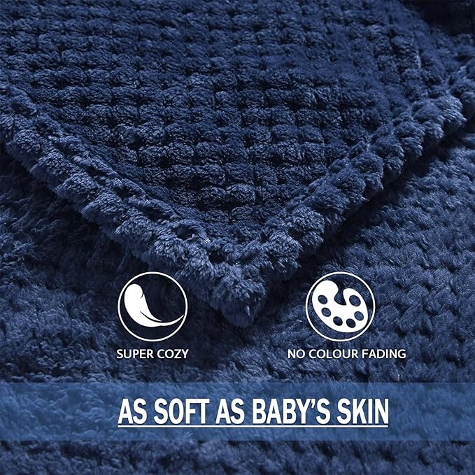 Exclusivo Mezcla Fleece Bed Blanket Twin Size, Super Soft and Warm Blankets for Couch, Sofa and Bed Waffle Textured, Cozy, Fuzzy and Lightweight (Navy Blue, 90x66 Inches)