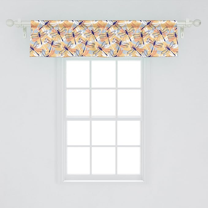 Ambesonne Dragonfly Window Valance, Uneven Big Repetitive Winged Bug 2 Pairs of Patched Wings Flying Orange Blobs, Curtain Valance for Kitchen Bedroom Decor with Rod Pocket, 54" X 12", Sand Brown