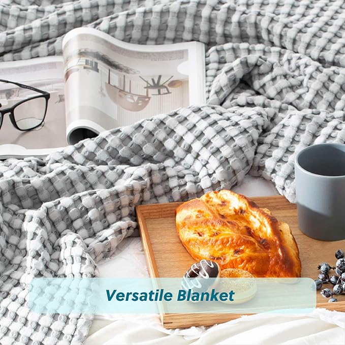 Bedsure Cooling Cotton Waffle Queen Size Blanket - Lightweight Breathable Summer Blanket of Rayon Derived from Bamboo for Hot Sleepers, Luxury Throws for Bed, Couch and Sofa, Grey, 90x90 Inches