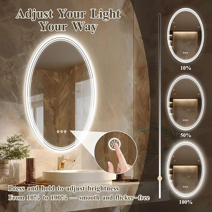 20''x28'' Oval Lighted Mirrors for Bathroom Wall Backlit + Front Lit, Oval LED Bathroom Mirror Frameless with Lights Anti Fog, Dimmable, 3 Colors,Tempered Glass, Shatter-Proof
