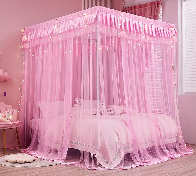 Mengersi Canopy Bed Curtains Queen Size,Bed Canopy for Girls Princess Bed Canopies Drapes Mosquito Net -Bedroom Decor,Pink
