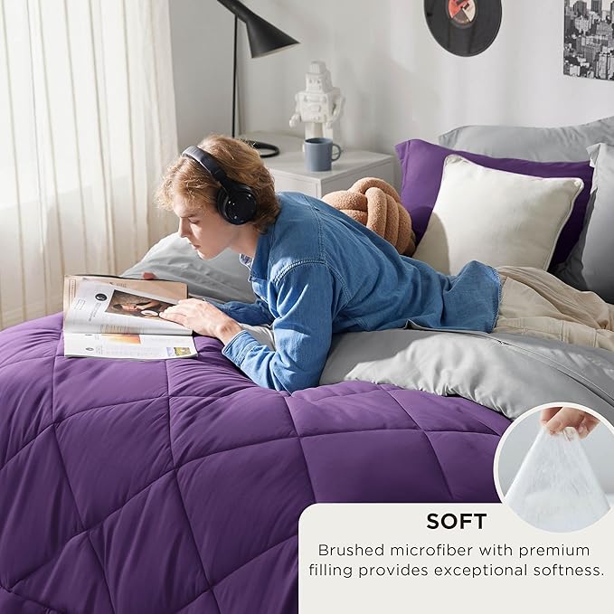 Bedsure Full Size Comforter Set - 7 Pieces Reversible Purple Bedding, Full Size Bed Set for All Seasons, Bed in a Bag with Down Alternative Comforter, Sheets, Pillowcases & Shams