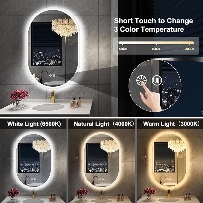 S'bagno 20x36 Inch Oval LED Mirror for Bathroom with Front and Backlight, Anti-Fog, 3 Colors Temperature & Dimmable, Bathroom Mirror with Lights with Memory Function, Waterproof, Shatter-Proof