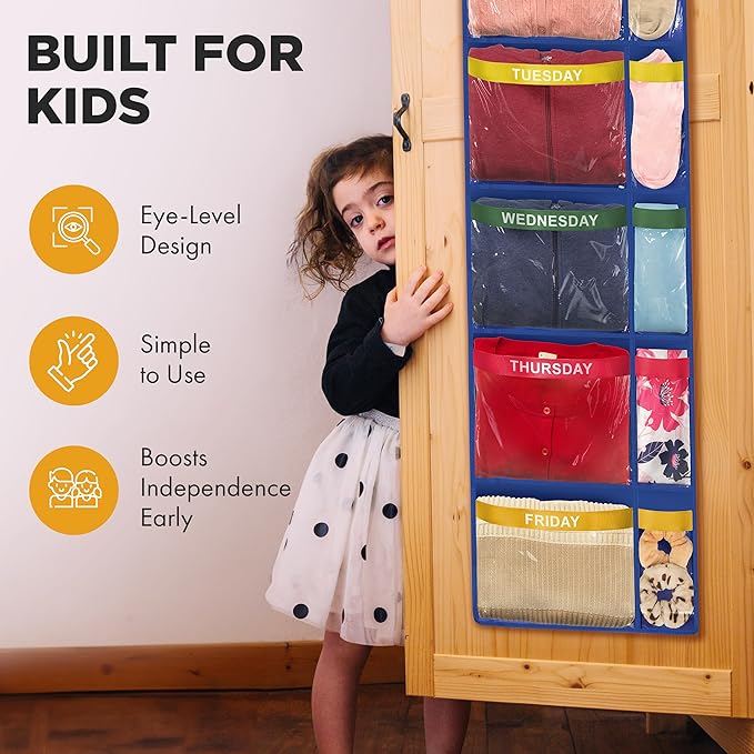 Over the Door Weekly Clothes Organizer - 5 Shelf Hanging Closet Storage with Day of the Week Labels - Weekly Clothes Organizer For Kids - Space-Saving Over Door or Wall Hanging Organizer (Blue)