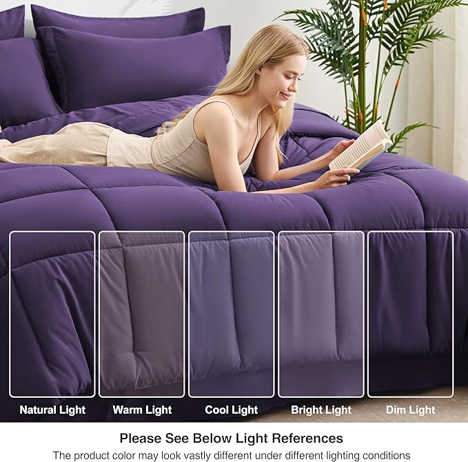 Love's cabin Full Comforter Set Dark Purple, 7 Pieces Full Bed in a Bag, All Season Bedding Sets with 1 Comforter, 1 Flat Sheet, 1 Fitted Sheet, 2 Pillowcase and 2 Pillow Sham