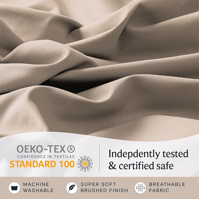 LuxClub 4 PC King Sheet Set, Deep Pockets Wrinkle Free Cooling Bed Sheets Hotel Bedding for Women, Men, Kids & Teens, Includes 1 Fitted Sheet, 1 Flat Sheet and 2 Pillowcases - Silky Soft Light Khaki