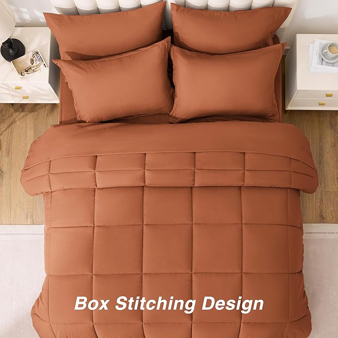 Love's cabin California King Comforter Set Burnt Orange, 7 Pieces California King Bed in a Bag, All Season Bedding Sets with 1 Comforter, 1 Flat Sheet, 1 Fitted Sheet, 2 Pillowcase and 2 Pillow Sham