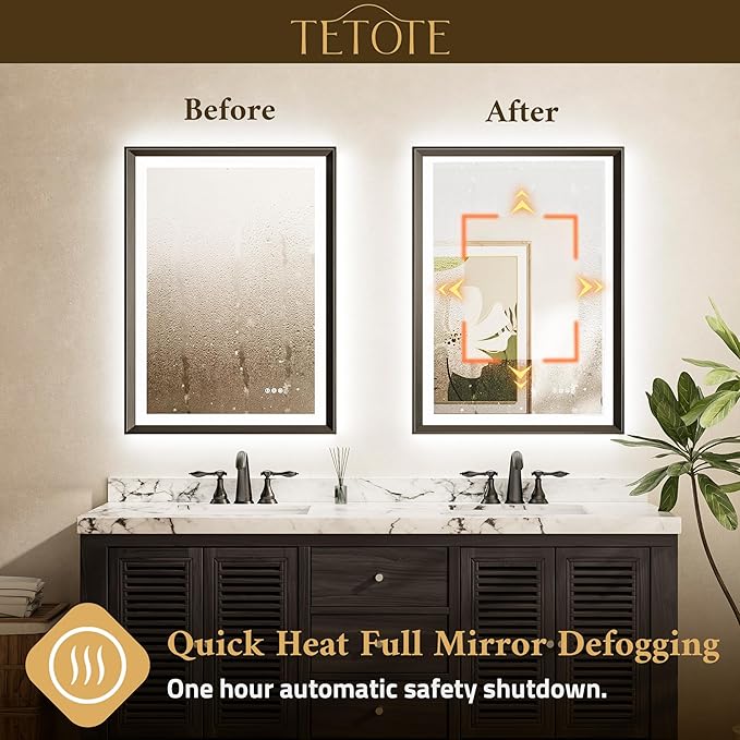 TETOTE 20x28 LED Mirror for Bathroom Black Metal Frame Frontlit & Backlit Lighted Vanity Mirror Baroque Anti Fog Stepless Dimmable White/Warm/Natural,CRI90+,Wall Mounted(Horizontal/Vertical)