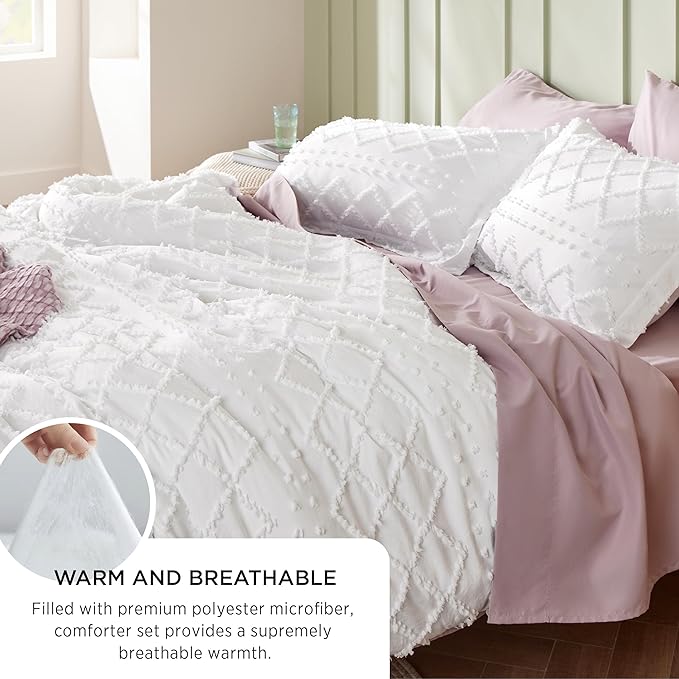 Bedsure Queen Comforter Set - Terracotta Comforter, Boho Tufted Shabby Chic Bedding for Kids, 3 Pieces Vintage Farmhouse Bed Set for All Seasons, Fluffy Soft Bedding with 2 Pillow Shams