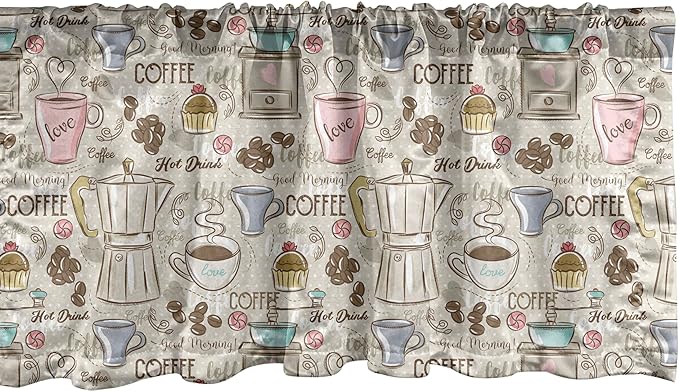 Ambesonne Modern Window Valance, Coffee Time Vintage Espresso Machine Cupcakes Beans Design, Curtain Valance for Kitchen Bedroom Decor with Rod Pocket, 42" x 12", Pale Pink Beige