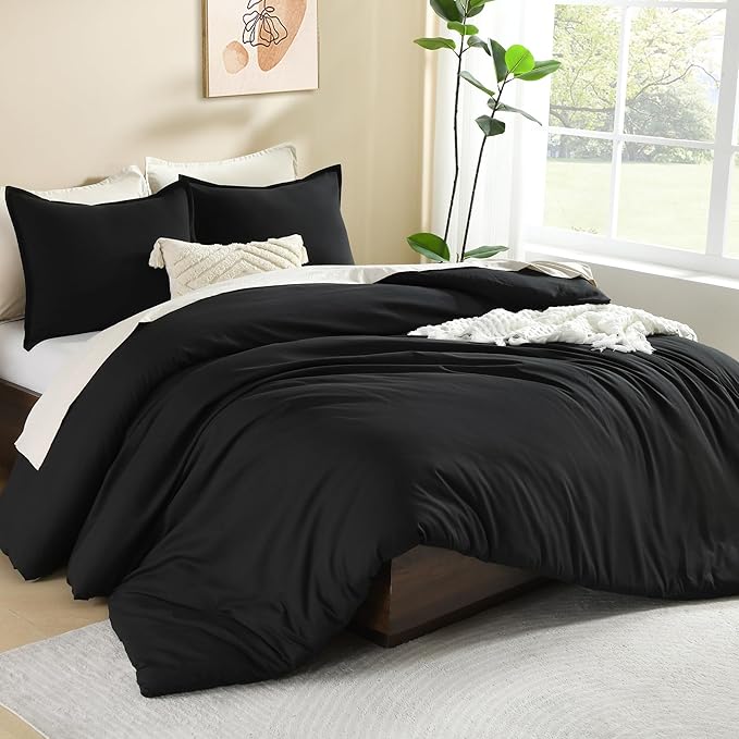 Litanika Black Comforter King Size, 3 Pieces Lightweight Solid Bedding Comforter Set, All Season Fluffy Bed Set (104x90In Comforter & 2 Pillowcases)