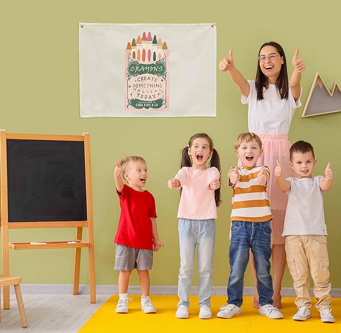 Kids Painting Training Rectangular Canvas Banner Flag Sign Poster Wall Decor Gift for Boys Girls,Practice Drawing Room Essential Gallery Nursery Classroom Playroom Wall Decor-Crayons Box Theme