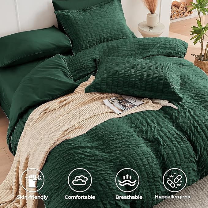 HYMOKEGE Emerald Green Twin XL Comforter Set Seersucker 5 Pieces, All Season Luxury Bed in a Bag for Bedroom, Bedding Set with Comforter, Sheets, Pillowcase & Sham