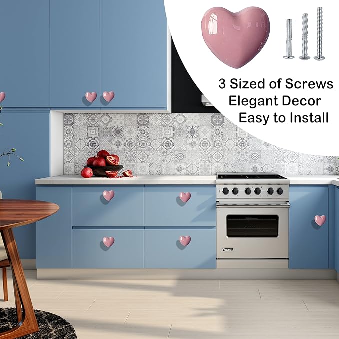 Ceramic Drawer Knobs Heart Shape Cabinet Dresser Pulls Handles with 3 Sized Screws, Kitchen Furniture Knobs for Closet Cupboard Wardrobe (20, Pink)