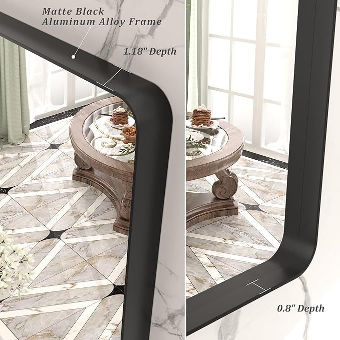 48x30 Inch Black Framed Mirror for Wall, Matte Black Bathroom Rectangle Mirror, Rounded Corner, Anti-Rust, Shatterproof (Horizontal/Vertical)
