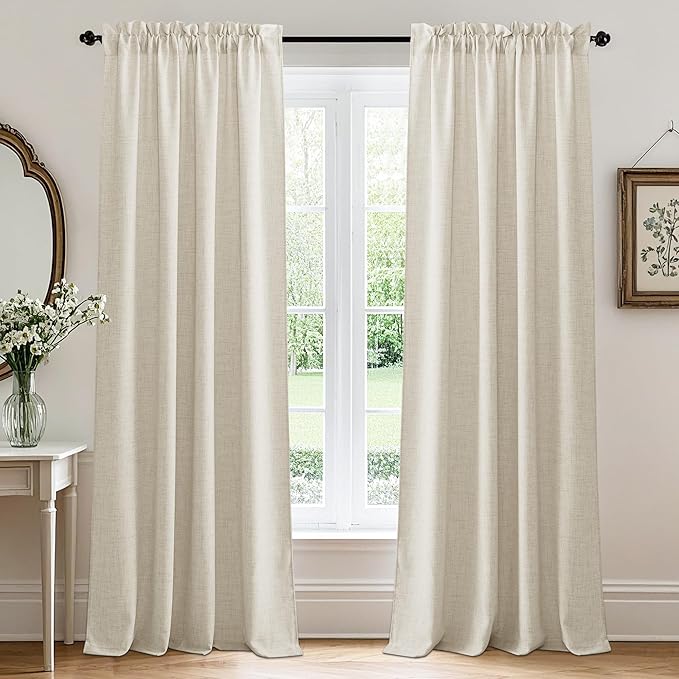 RYB HOME Living Room and Dining Room Curtains and Drapes Linen Sheer, Light Filtering Curtains 102 inches Long, Weave Textured/Rod Pocket, Cream Colored, W 52 x L 102 inches, 2 Panels Set