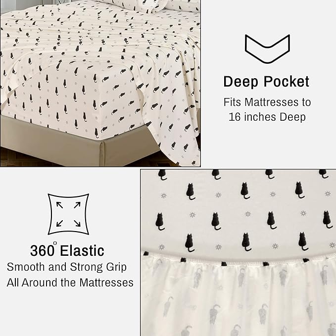 RUVANTI Flannel Sheets California King Size - 100% Cotton Brushed Cal King Bed Sheets Set - Deep Pockets 14 Inches - All Seasons Breathable & Extra Soft - Warm & Cozy, 4 Piece, Black Cat