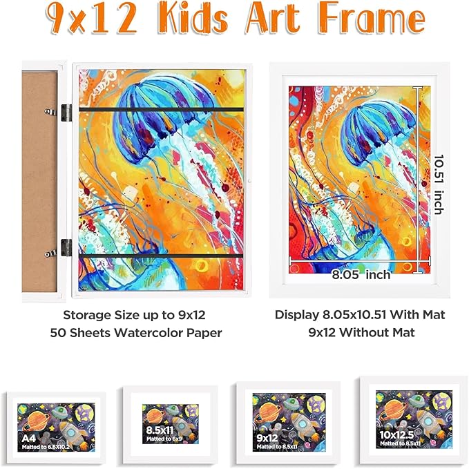 KINLINK 9x12 Kids Art Frames Set of 2, Solid Wood Kids Artwork Frames Changeable with Acrylic Front Opening Holds 150 Pictures, Art Frame for Kids Artwork with Mat or without Mat, White