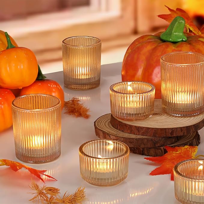10pcs Ribbed Gold Votive Candle Holders, Assorted Glass Tea Light Candle Holders for Wedding Centerpieces, Brithday, Party and Holiday Decorations