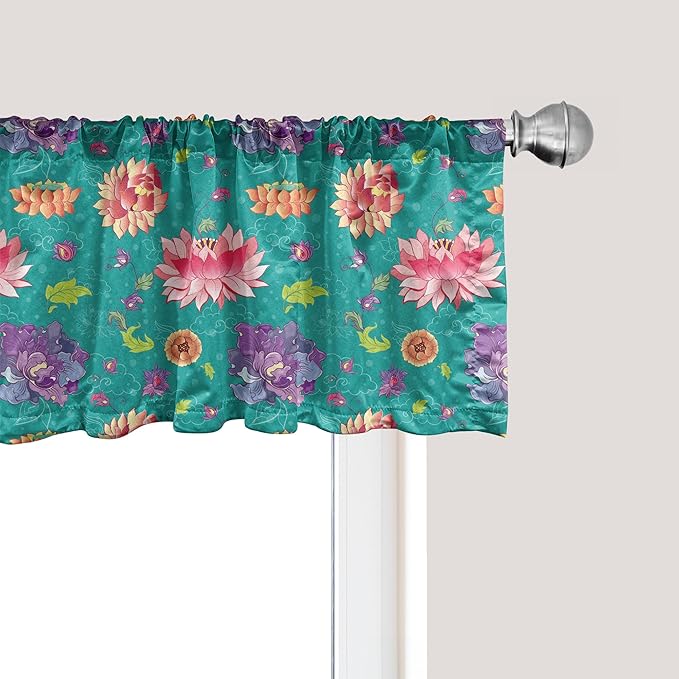 Ambesonne Floral Window Valance Pack of 2, Pattern with Lotus Flowers Peonies and Chrysanthemums Oriental Motifs Garden Art, Rod Pocket Curtain Valances for Kitchen Bedroom, 54" X 12", Teal