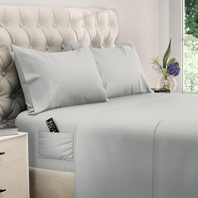 DREAMCARE Queen Sheet Set – 4 pcs Cooling Sheets – up to 21” Extra Deep Pocket Queen Sheets – Hotel Luxury Sheets & Pillowcases – Superior Softness 100% Fine Microfiber with Side Pocket – Light Gray