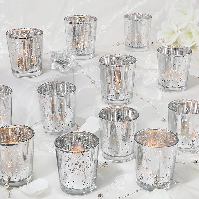 Votive Candle Holders Set of 24, Speckled Mercury Silver Candle Holders for Wedding Centerpiece Table Decorations, Tealight Candle Holder for Party Bridal Shower Decor, Home Decor